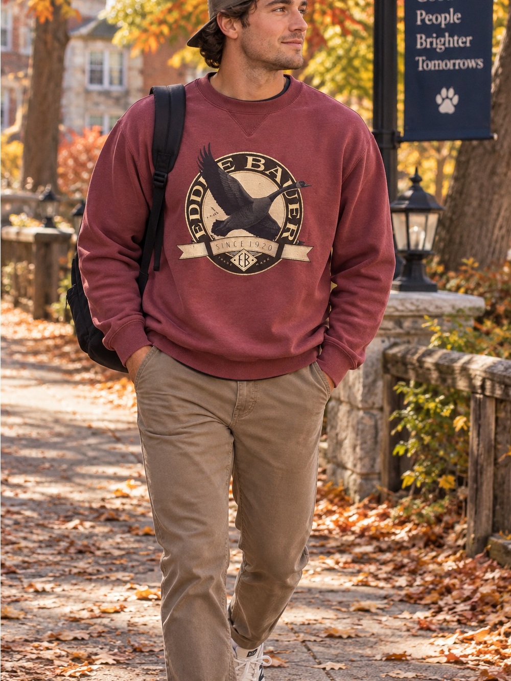 Eddie Bauer Men's Burgundy Canadian Goose Crewneck - READ